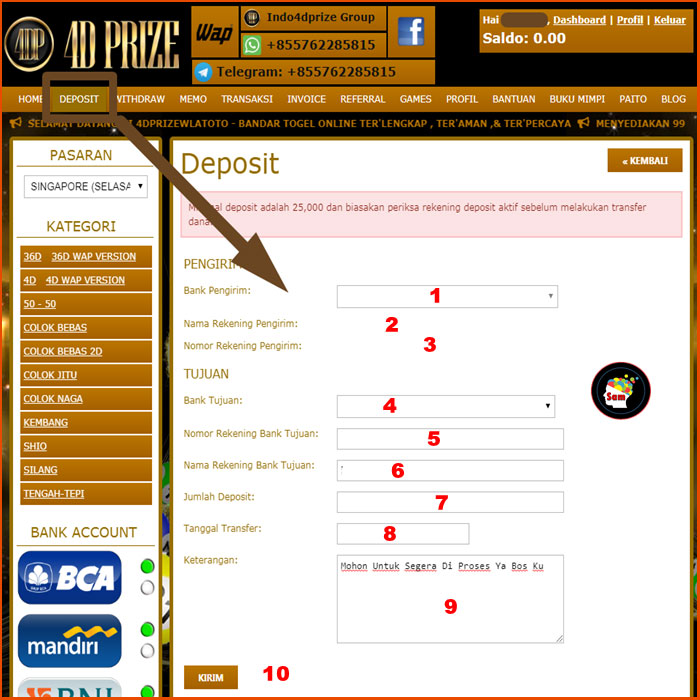 deposit via web